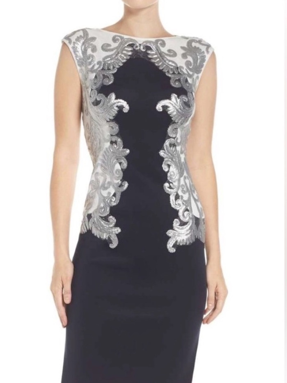 Tadashi Shoji Navy Dress with Silver Embroidery